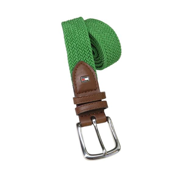 90s Vintage Tommy Hilfiger Green Braided Belt Brown Leather Buckle Retro Preppy - Picture 1 of 5